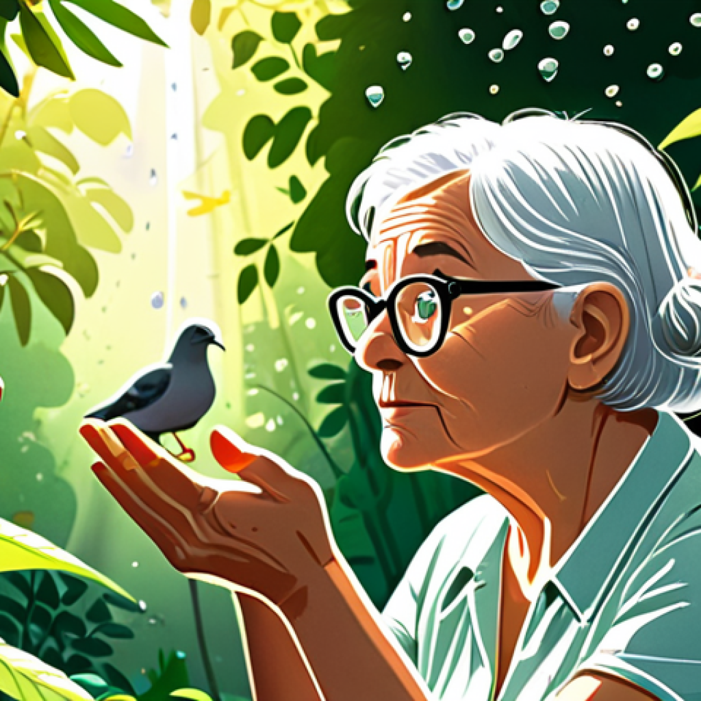 **

A whimsical illustration of a person with oversized glasses intensely observing a park scene. Sunlight filters through lush green leaves, highlighting subtle details like an elderly woman gently scattering seeds to pigeons, and raindrops clinging to spiderwebs. The style should be painterly and evoke a sense of wonder and detailed observation.

**