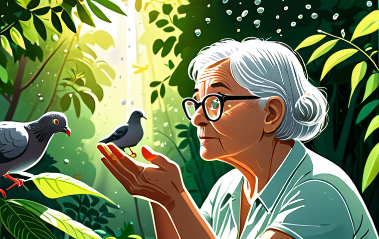 **
A whimsical illustration of a person with oversized glasses intensely observing a park scene. Sunlight filters through lush green leaves, highlighting subtle details like an elderly woman gently scattering seeds to pigeons, and raindrops clinging to spiderwebs. The style should be painterly and evoke a sense of wonder and detailed observation.
**