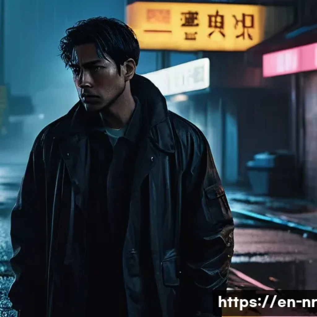 장르별 창의적 글쓰기 접근법 - A tense thriller scene set on a rain-soaked city street at night, illuminated by flickering neon sig...