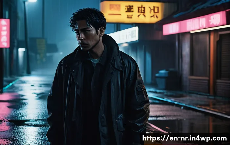 장르별 창의적 글쓰기 접근법 - A tense thriller scene set on a rain-soaked city street at night, illuminated by flickering neon sig...