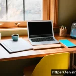 성공적인 글쓰기를 위한 목표 설정 방법 - A cozy home writing nook bathed in warm natural light during early evening, featuring a wooden desk ...