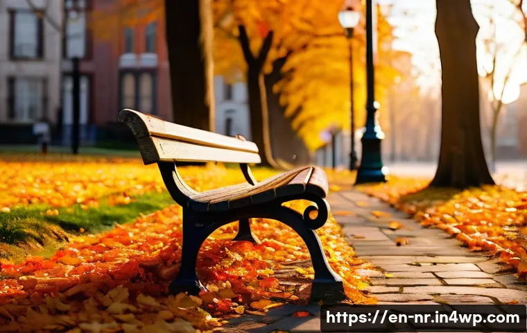 사진을 활용한 창의적 글쓰기 연습 - An old wooden park bench covered in vibrant autumn leaves, situated in a quiet city park during late...