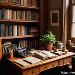 감정 표현을 통한 창의적 글쓰기 촉진 - A cozy writer’s nook bathed in warm natural light, featuring a vintage wooden desk cluttered with ha...