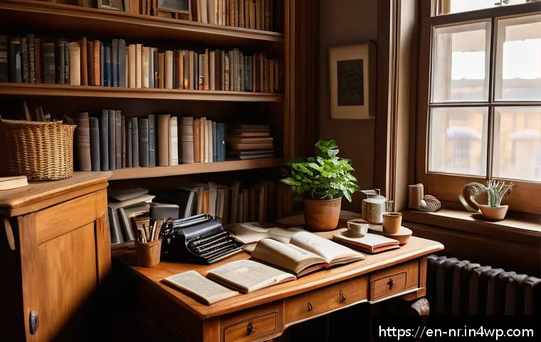 감정 표현을 통한 창의적 글쓰기 촉진 - A cozy writer’s nook bathed in warm natural light, featuring a vintage wooden desk cluttered with ha...