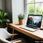 혼자서 글쓰기의 어려움 극복하기 - A cozy and well-lit home writing nook featuring a modern desk with a laptop, a comfortable ergonomic...
