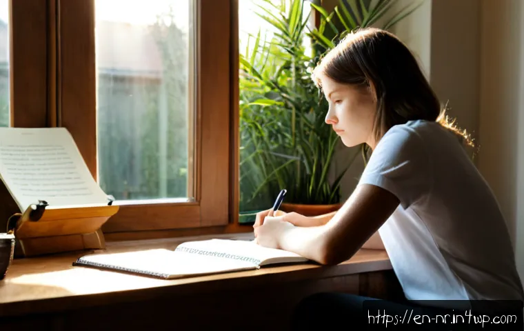 창의적 글쓰기에서의 자아 발견 - Photorealistic contemplative scene of a young adult writer seated alone at a sunlit wooden desk besi...