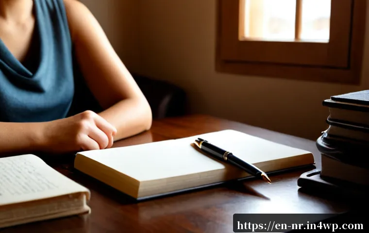 작가로서의 정체성 확립 방법 - Photorealistic aspiring novelist in a cozy home office, seated confidently at a wooden desk with a b...